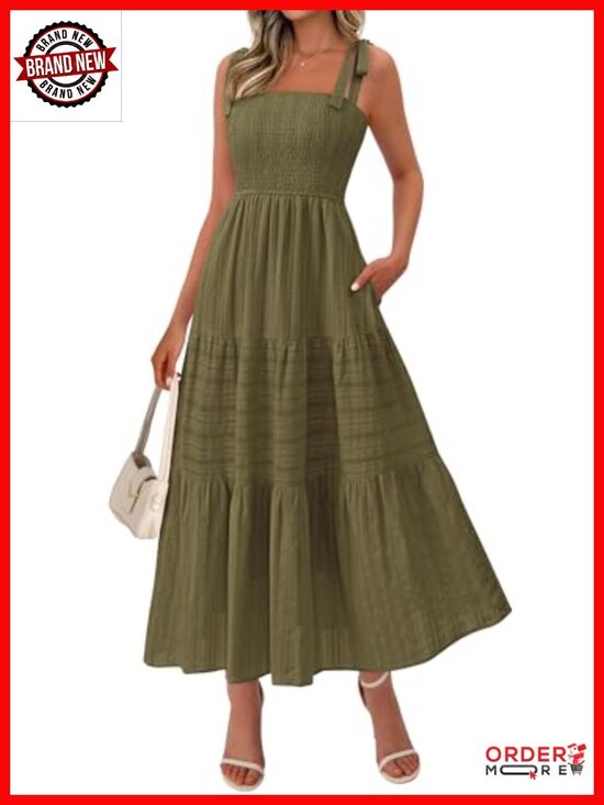 Dresses & Skirts - Smocked Boho Spaghetti Strap Maxi Dress - Sleeveless A Line Beach Sundress